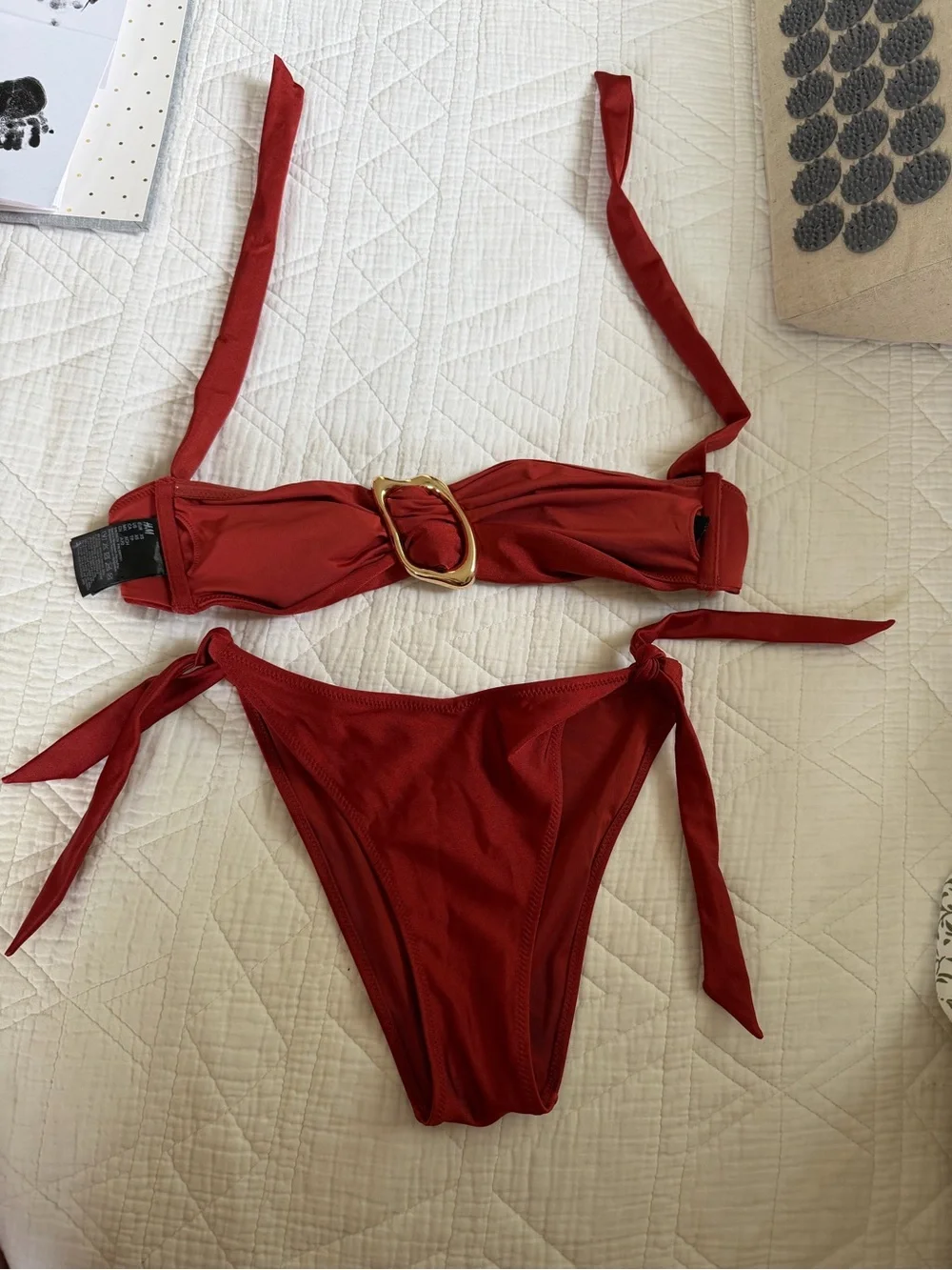 H&M Red Tie-Side Bikini Set with Gold Buckle